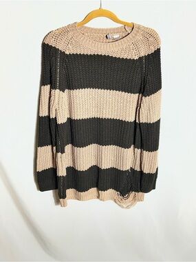 H&M Divided Striped Chunky Knit Sweater Distressed Hem Beige Black L